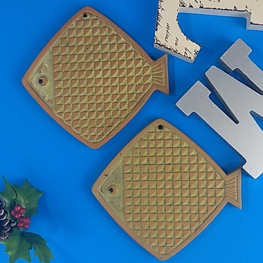 1970s Handmade Fire glazed fish pottery set OF 2 Fish Shaped Trivets